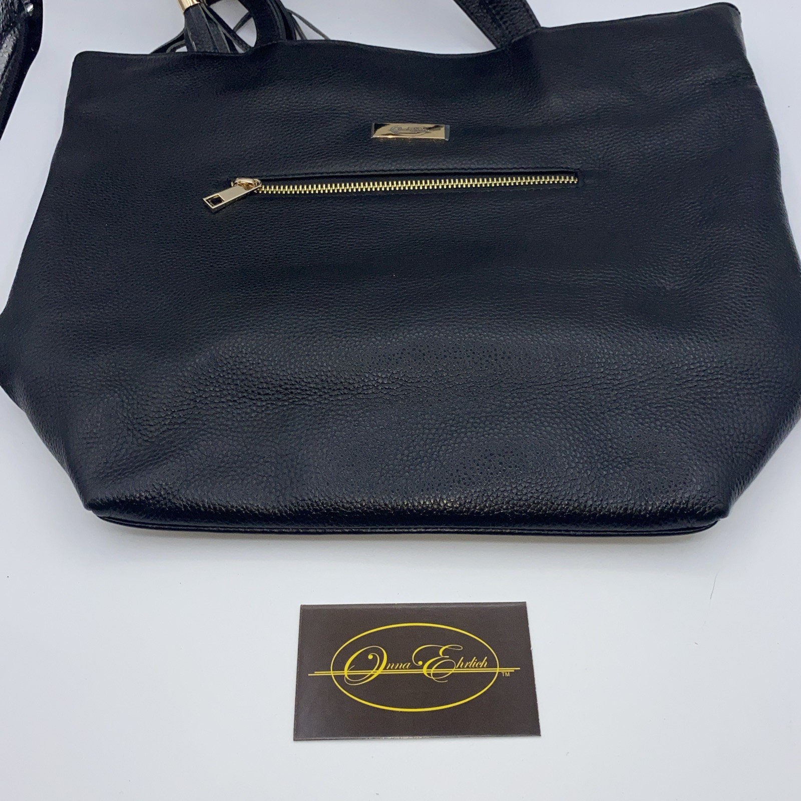 ONNA EHRLICH Carrie Black Pebbled Leather North/ South Shoulder Tote Bag