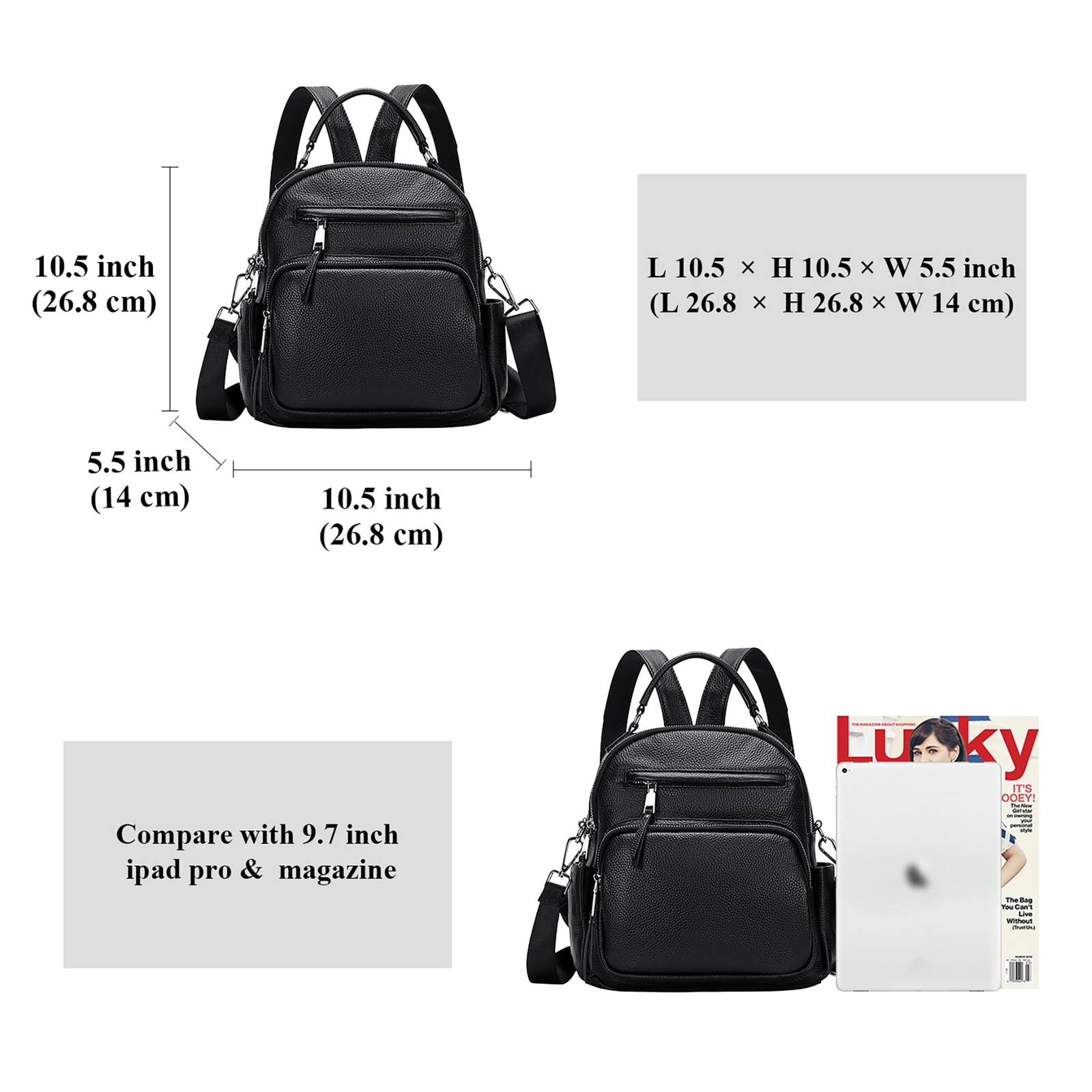 ALTOSY Genuine Leather Backpack Purse for Women Convertible 10.5 inch, Black