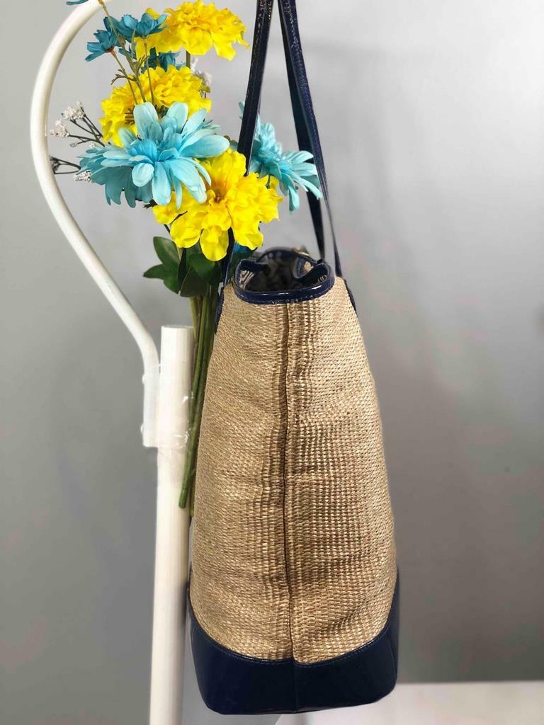 JONATHAN ADLER “Duchess” Straw/ Royal Blue Patent Leather Large Tote Bag