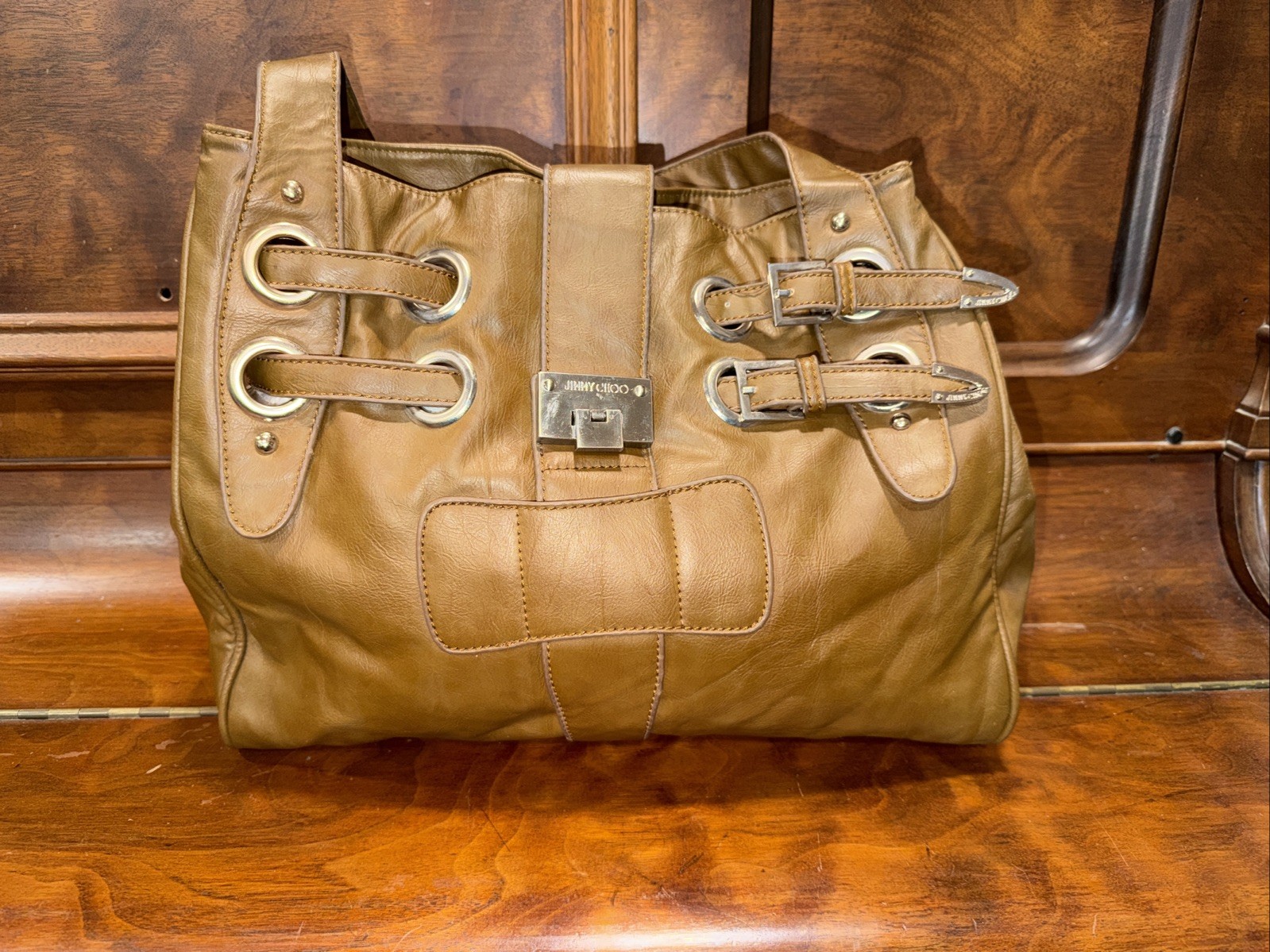 JIMMY CHOO Brown Distressed Leather RAMONA Shoulder Bag, Hobo Bag, Purse silver