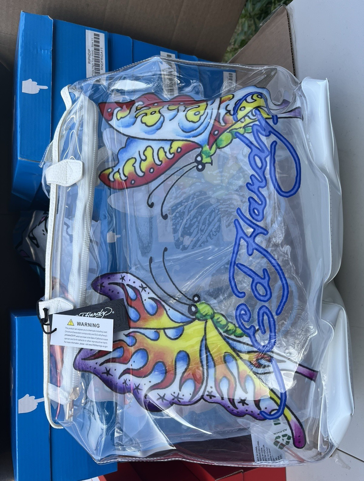 Ed Hardy Clear Tote Bag Butterfly Graphic Zip Top White Double Handles Pouch