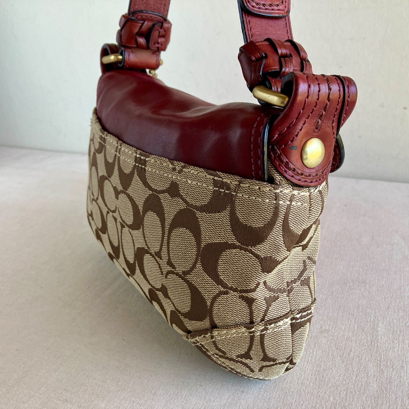Coach Vintage Bleecker Signature Flap Shoulder Bag Khaki Wine Leather Canvas Y2K