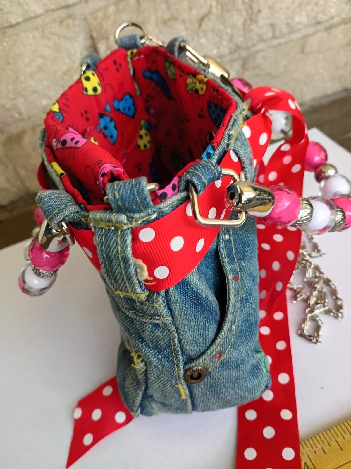 Small, Blue Jean Embroidered Lady Bug with handles and long chain strap