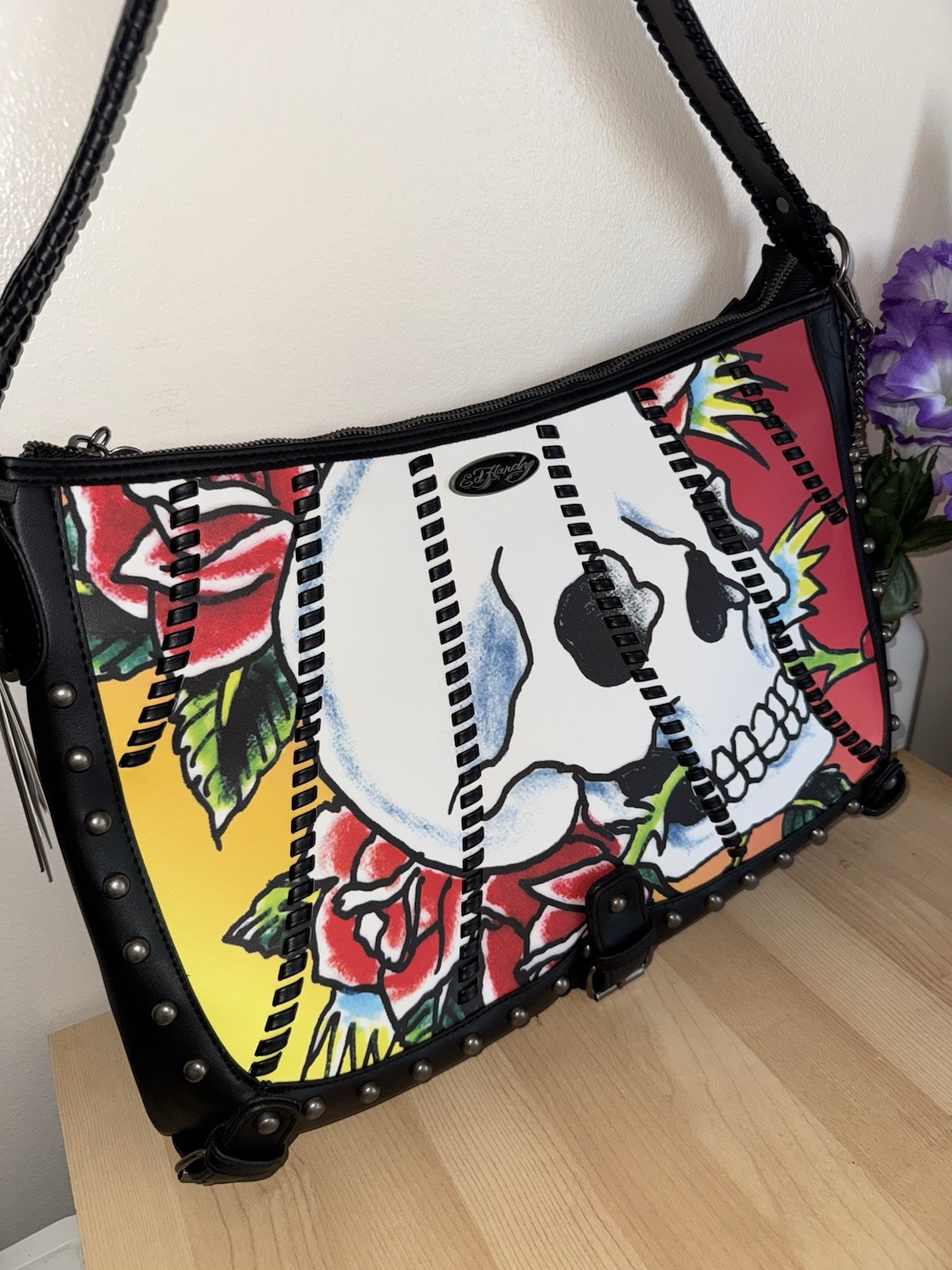 Y2K Skull Studded Shoulder Bag Punk Goth Tattoo Style Black Red Purse