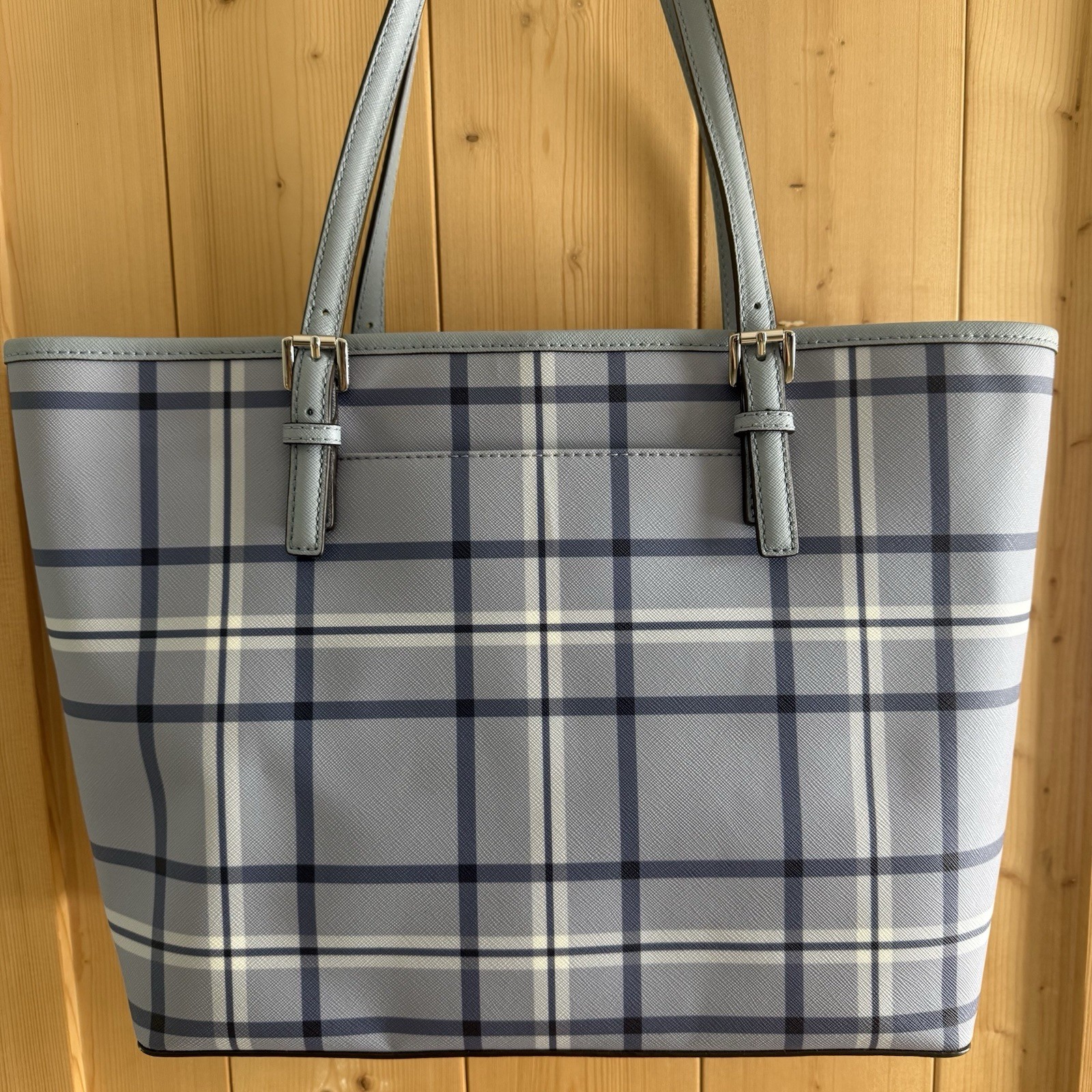 Michael Kors Jet Set Large Printed Signature Logo Tote Bag Light Sky Plaid