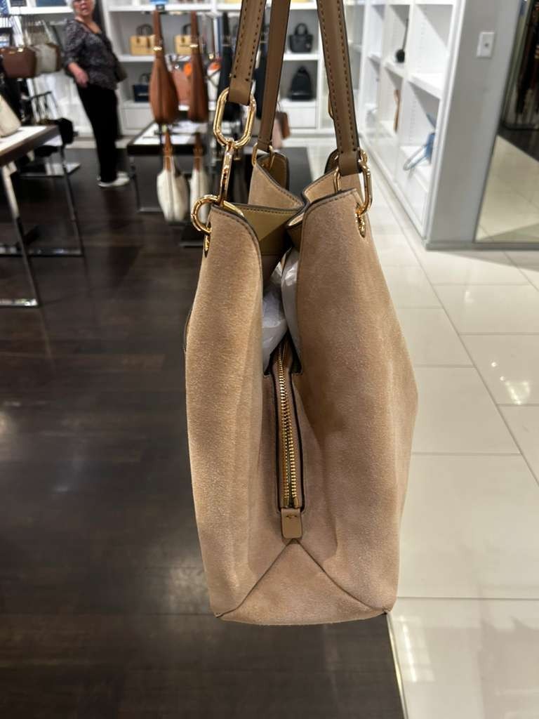 Michael Kors Christina Lady MK Large Suede Handbag Purse Shoulder Tote Camel Bag