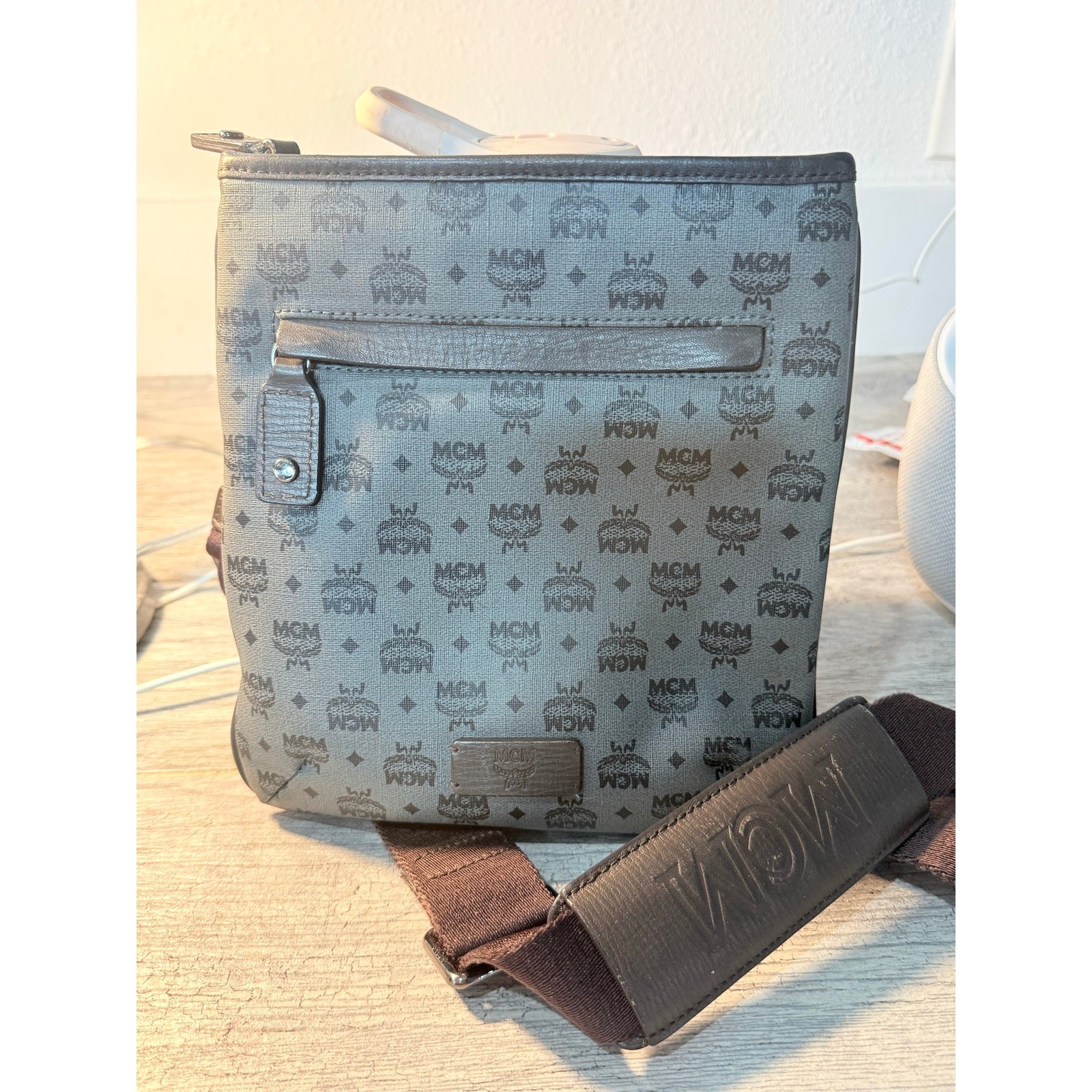 MCM Black Grey Visetos Messenger Crossbody Bag