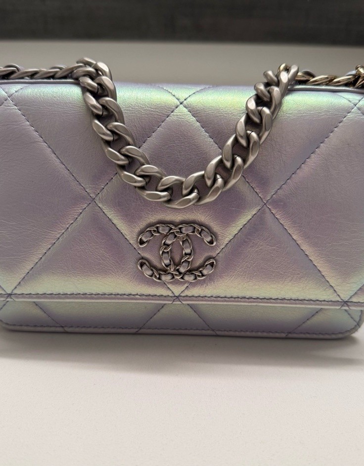 CHANEL Purple Metallic Quilted Flap Bag CC Logo Chain Strap Crossbody