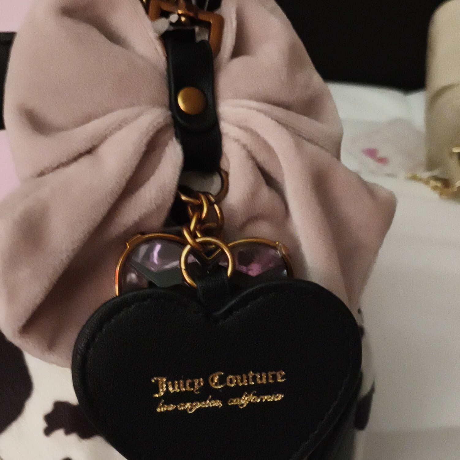 Juicy Couture Black White Cow Print Shoulder Bag Zip Bow Heart Charm Gold