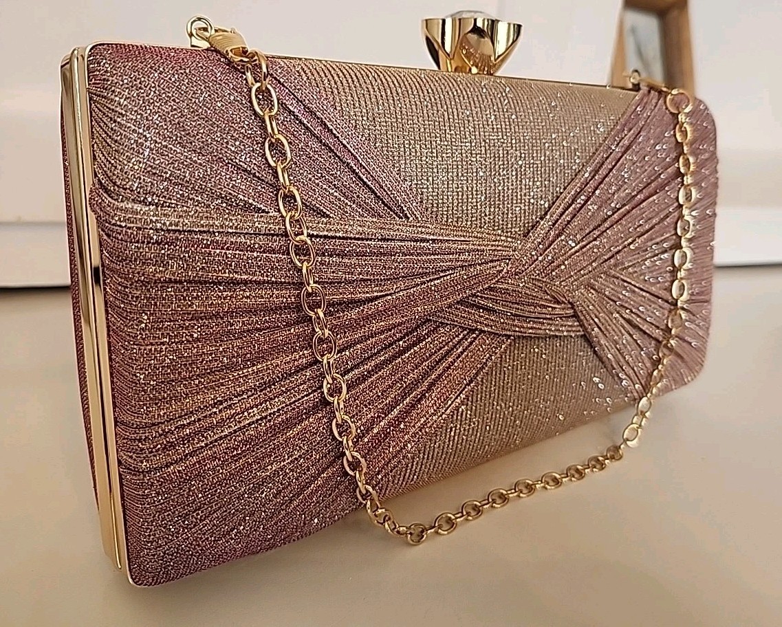 Gold Tone Sparkling Lavender Evening Handbag Purse Snap Closure Flower Clasp