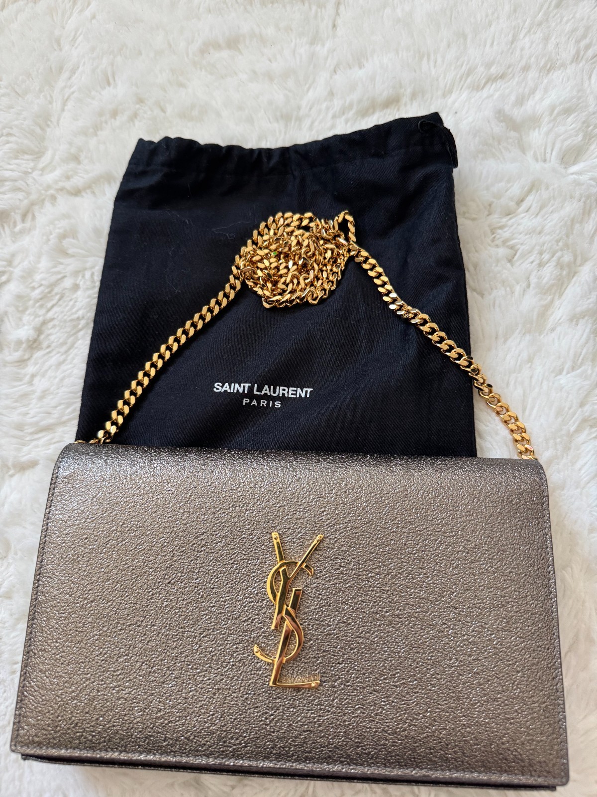 Saint Laurent Grained Metallic Bronze Calfskin Monogram Chain Kate Medium Bag