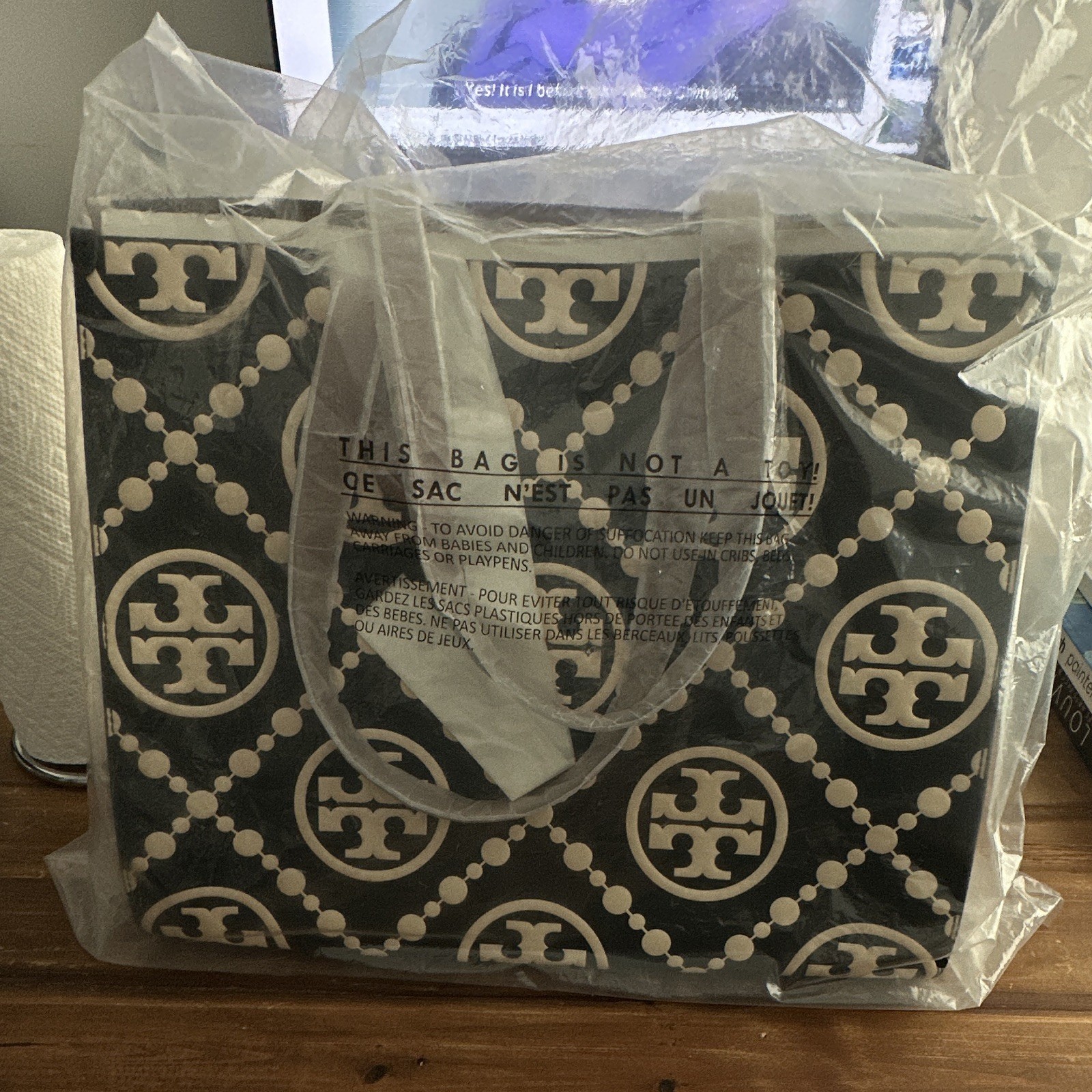 Tory Burch Logo Print Tote Shoulder Bag Beige/Black Medium Double Handle Charm