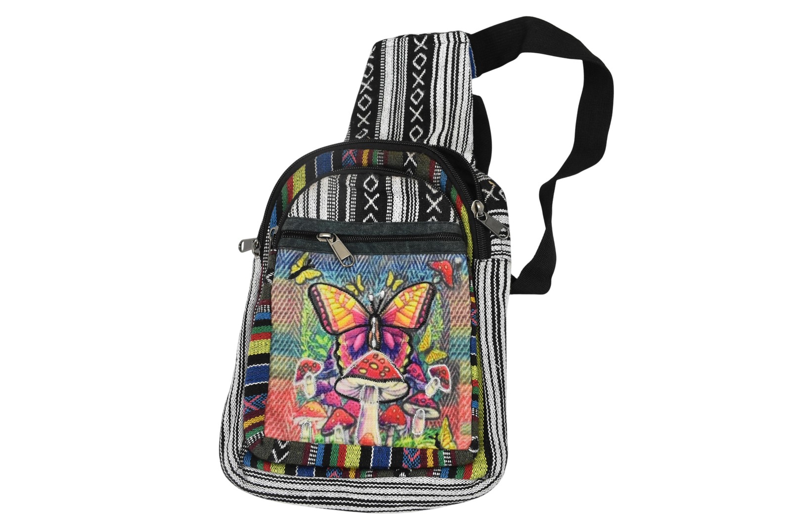 Sling Bag Womens Small Black Canvas Tribal Psychedelic Butterfly Mushroom Print