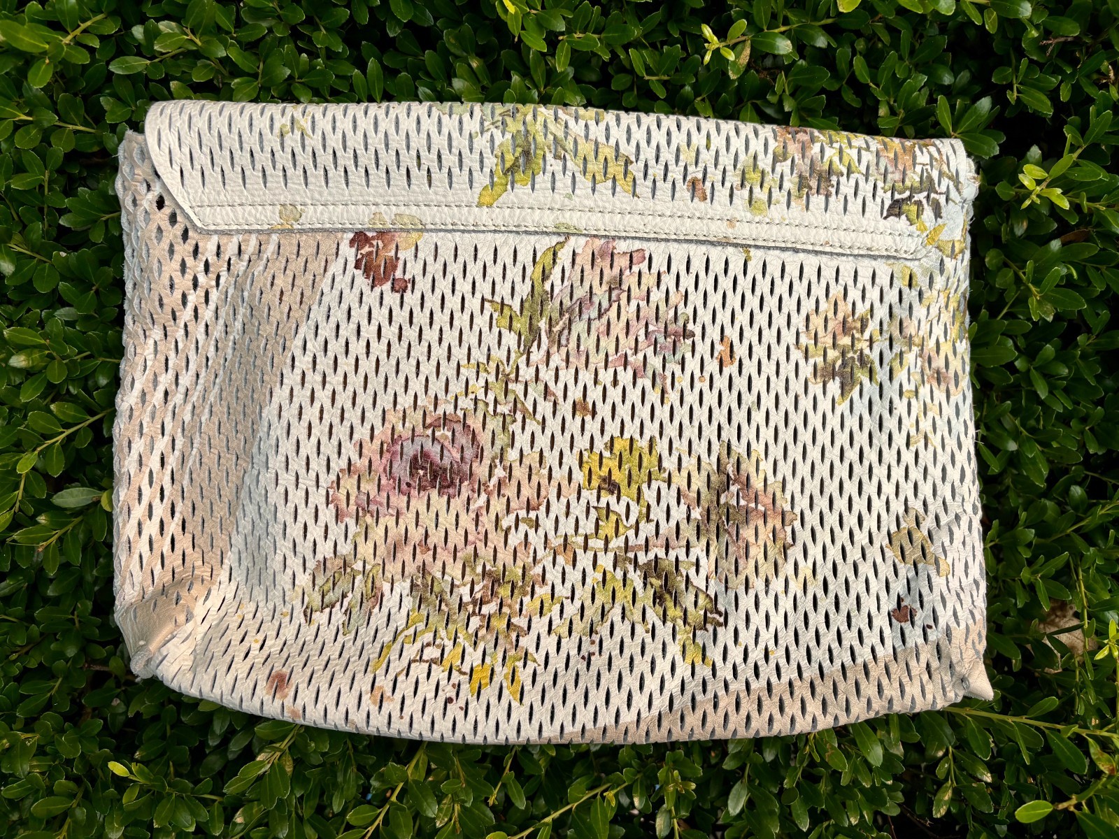 Anthropologie Floral Suede Watercolor White Clutch