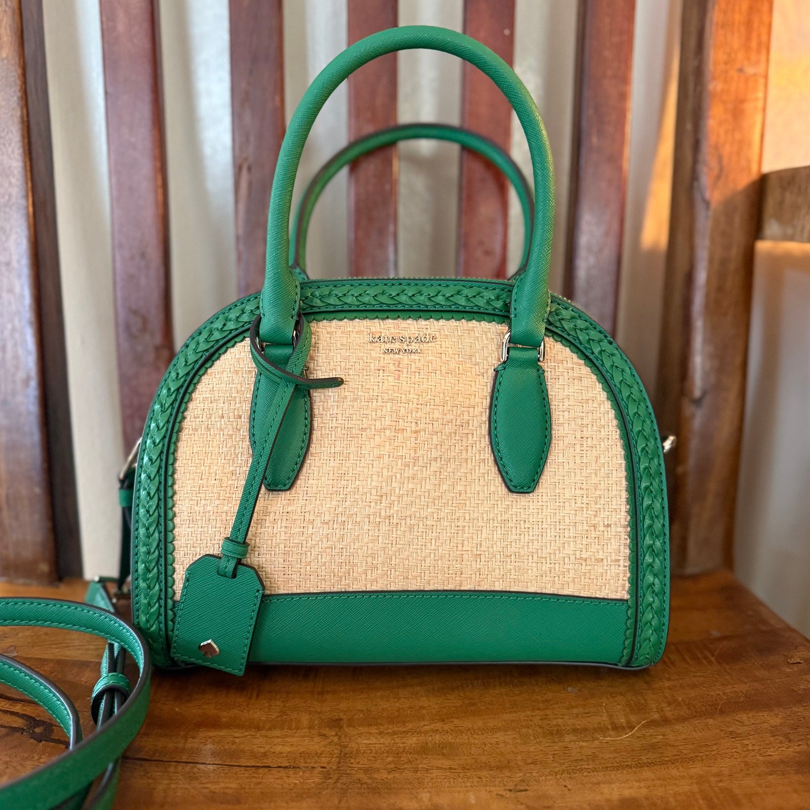 Kate Spade Reiley Raffia Straw & Green Leather Dome Satchel Crossbody