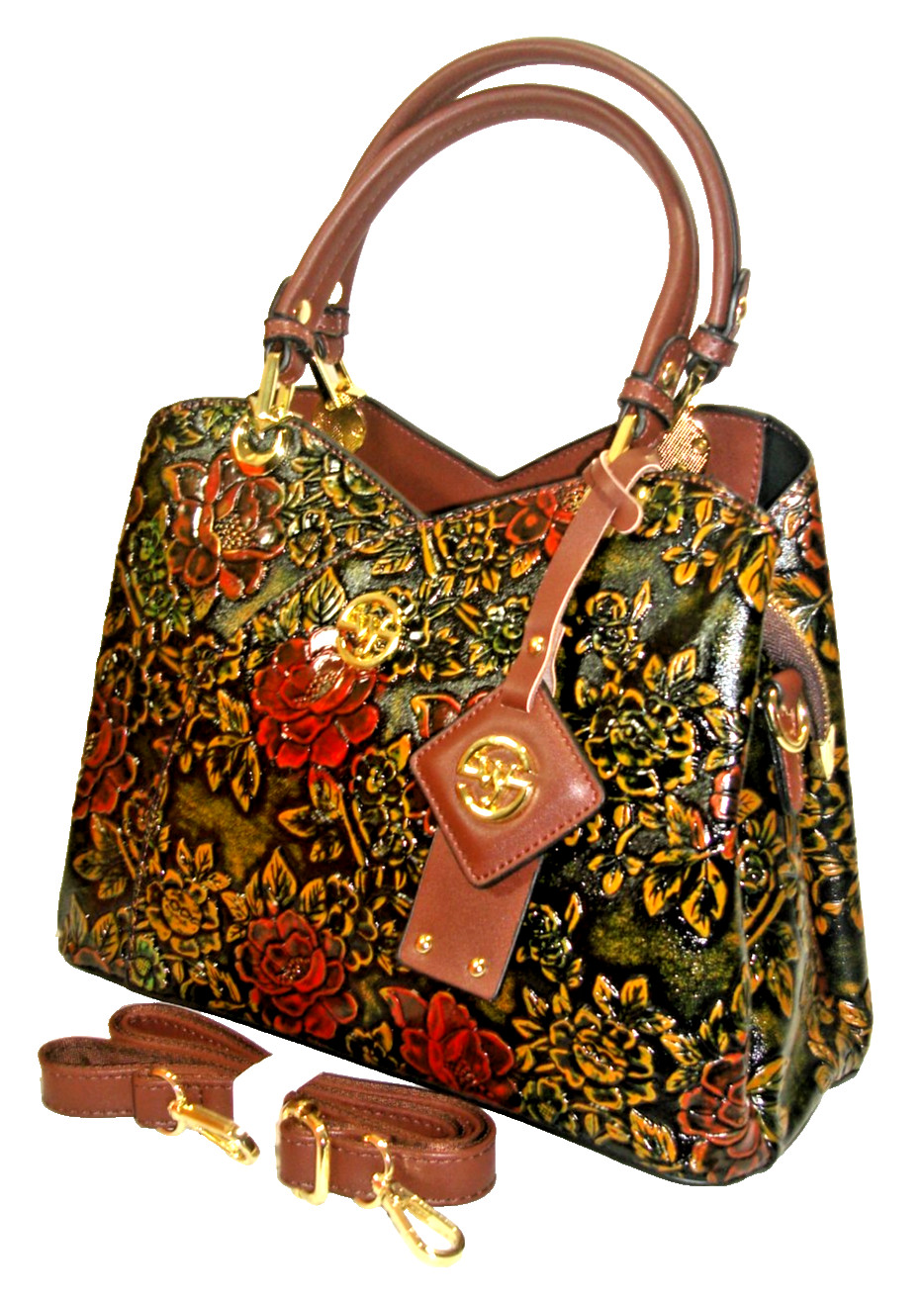 Siweiya Quality Vegan Leather Tooled Floral Motif Satchel Shoulder Bag NWOT