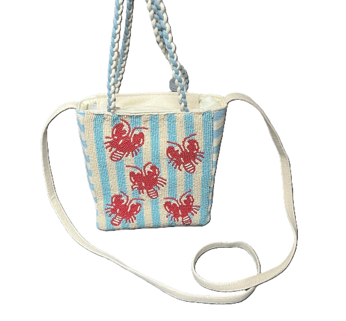 Lulu Beaded Wt Blue Red Lobster Crossbody Tote Nautical Beach Coastal Resort Bag