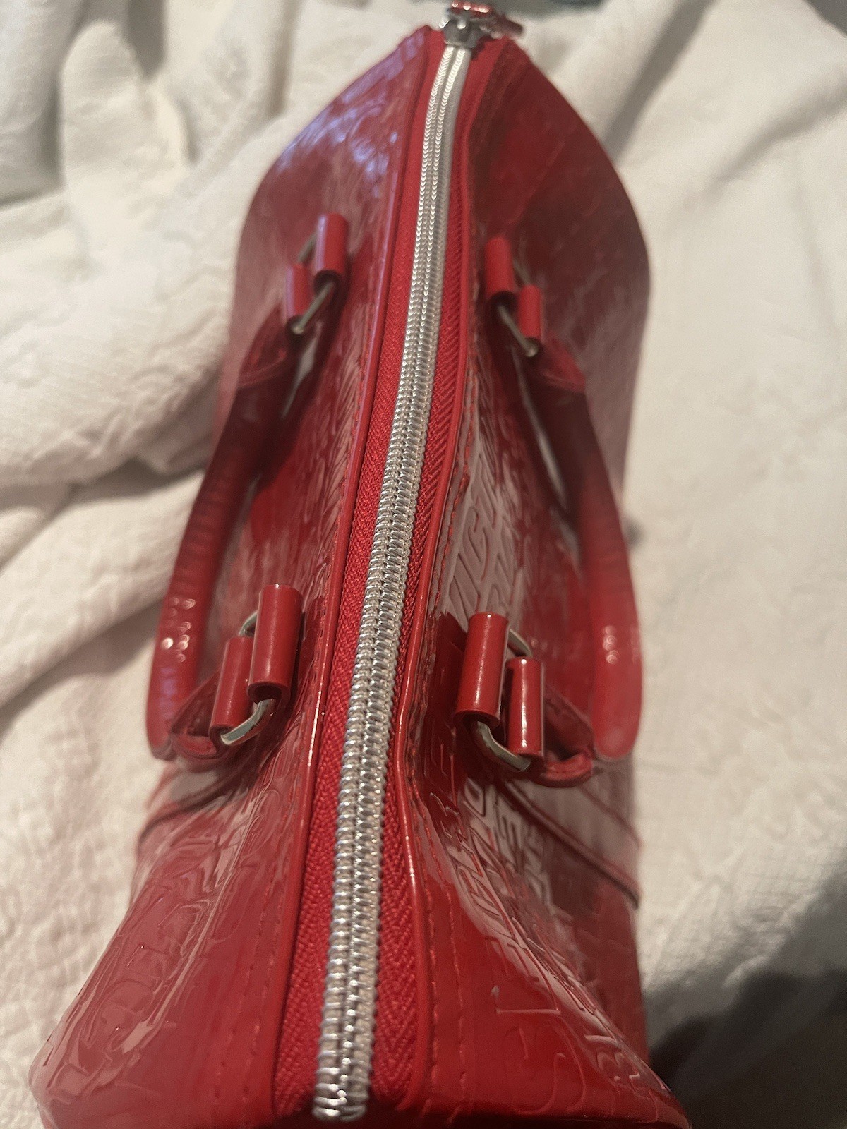 Victoria’s Secret Red Vinyl Love Edition Purse 8” High 10.5×6 Lined Zip Closure