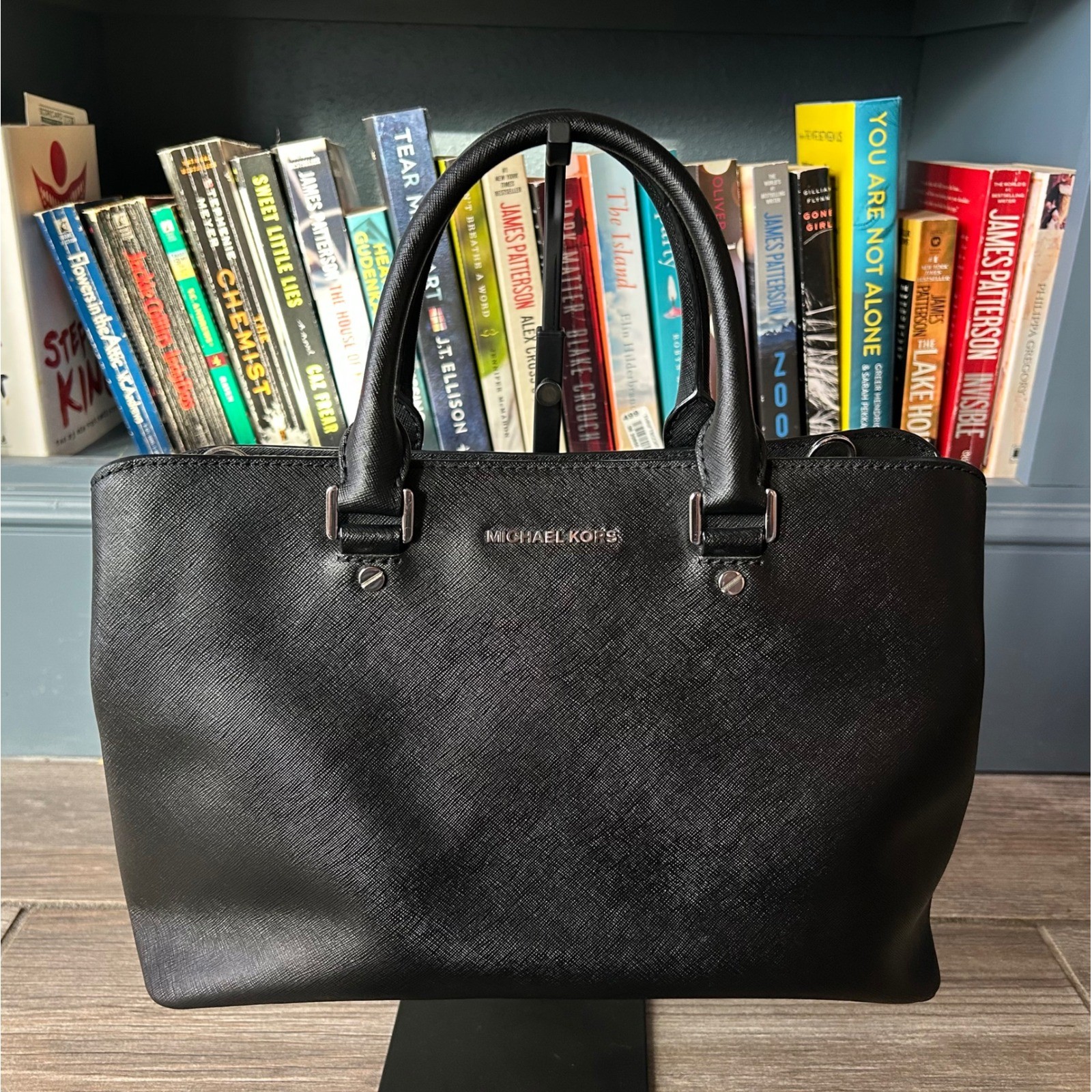 Michael Kors Savannah Black Saffiano Leather Satchel Crossbody Silver Purse Tote