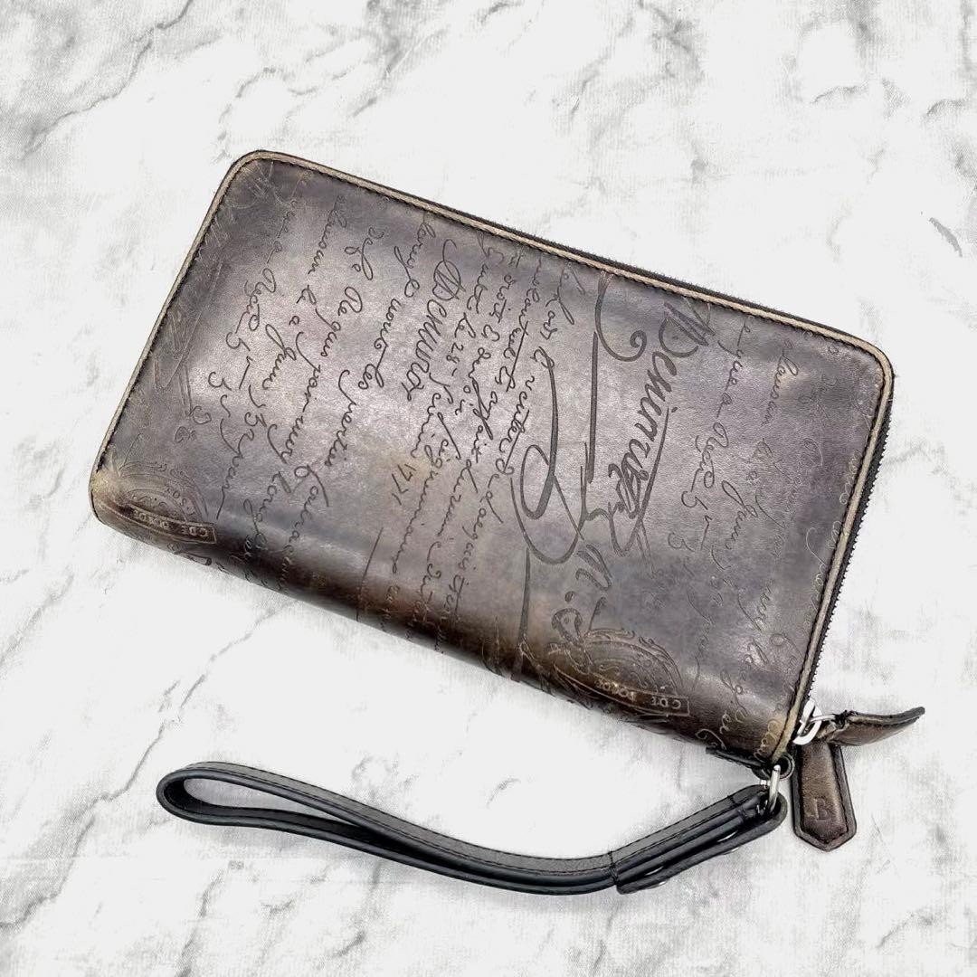 Berluti Calligraphy Script Black Clutch Wallet Long Japan 075774