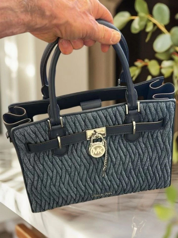 Michael Kors Hamilton Women Medium Matelassé Satchel Bag + Coin Purse Denim