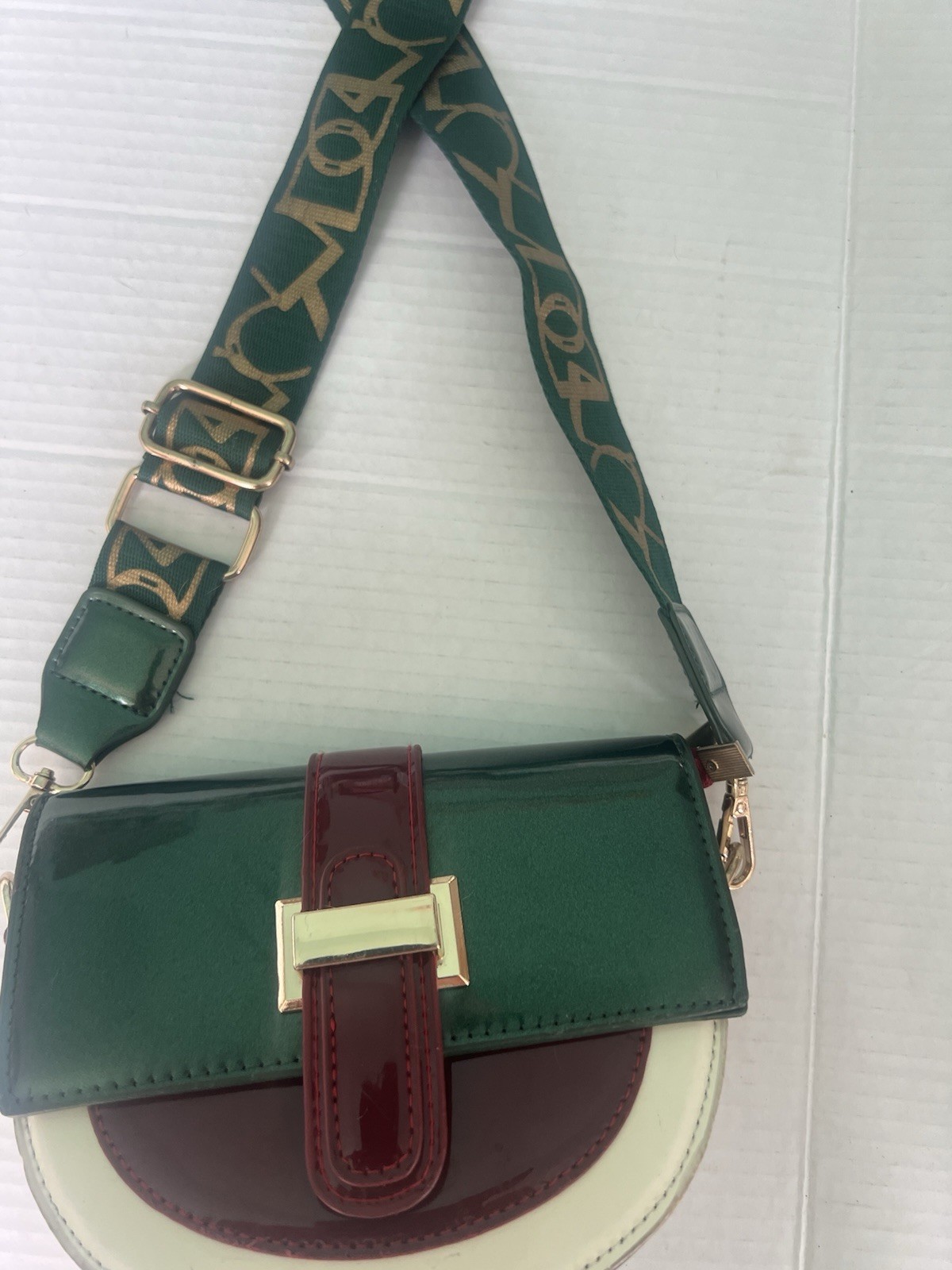 Green Red White Half Moon Crossbody Bag Logo Strap Buckle Gold Hardware Small