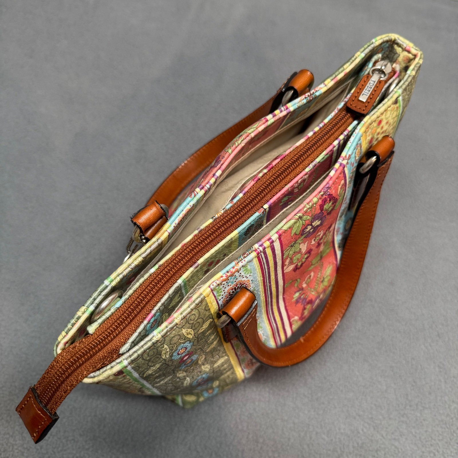 Fossil Satchel Floral Patchwork Leather Trim Bag Small Multicolor ZB7013 Boho
