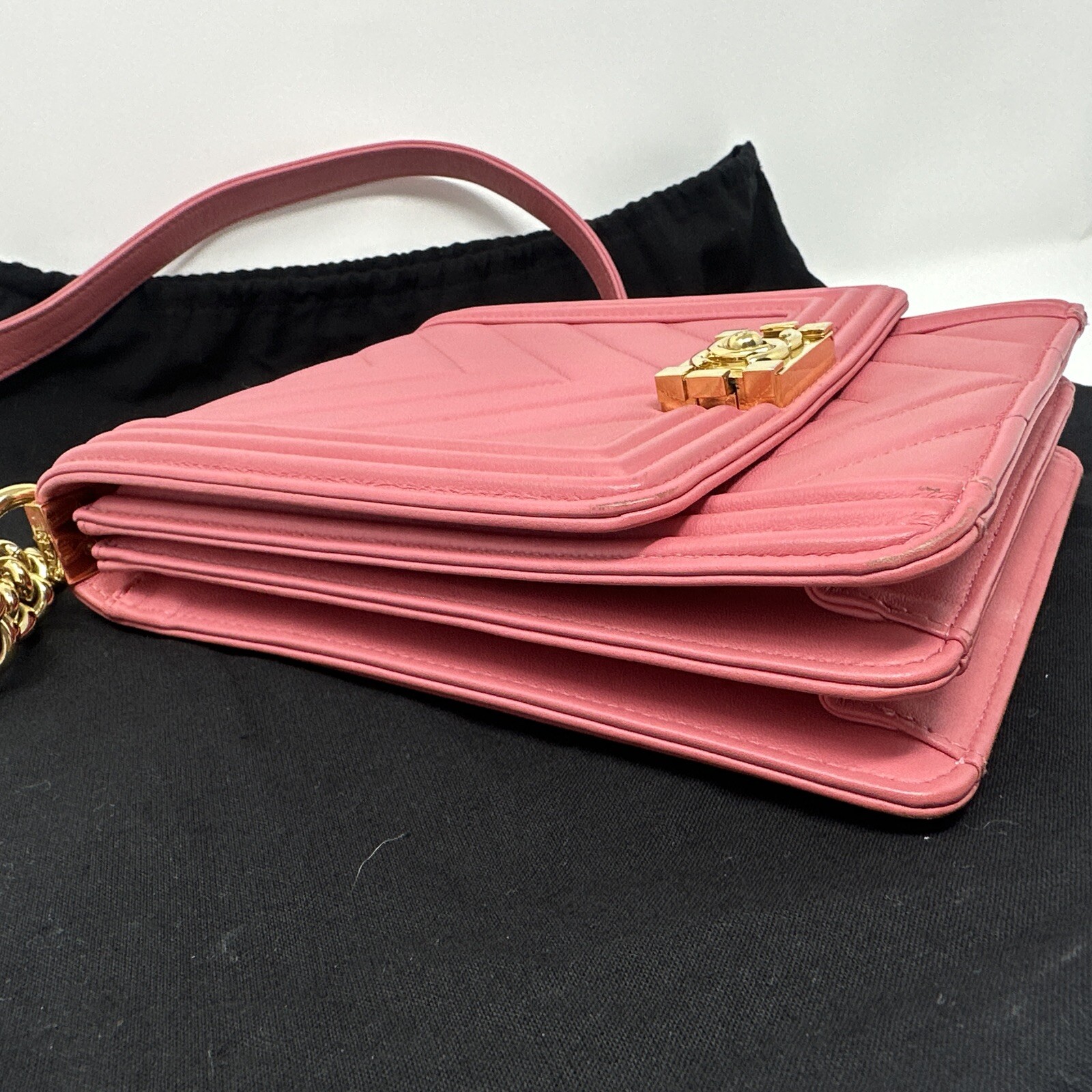 CHANEL NORTH SOUTH CHEVRON LE BOY LEATHER FLAP PINK