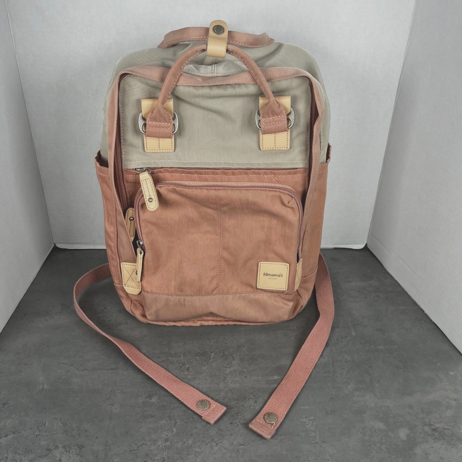 Himawari Travel Backpack Pink Beige Nylon Multi Pocket School Laptop Bag