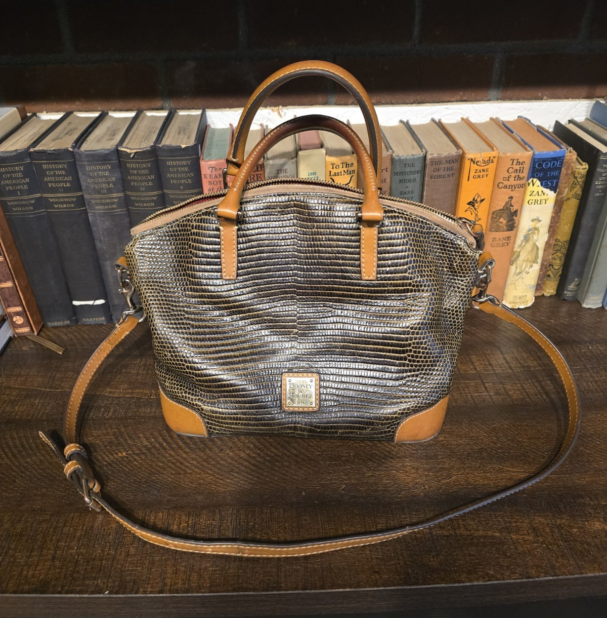 Dooney & Bourke Lizard Pattern Satchel Top Handle Zip Bag, Detachable Strap