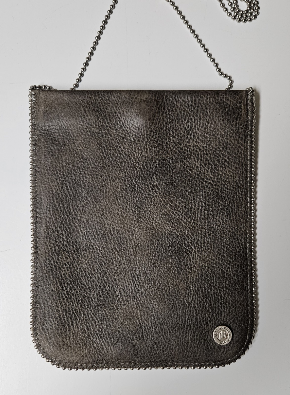 Leatherock USA Pebbled Leather Pouch Chain Detail & Crossbody Grey 7.75″x 6.25″
