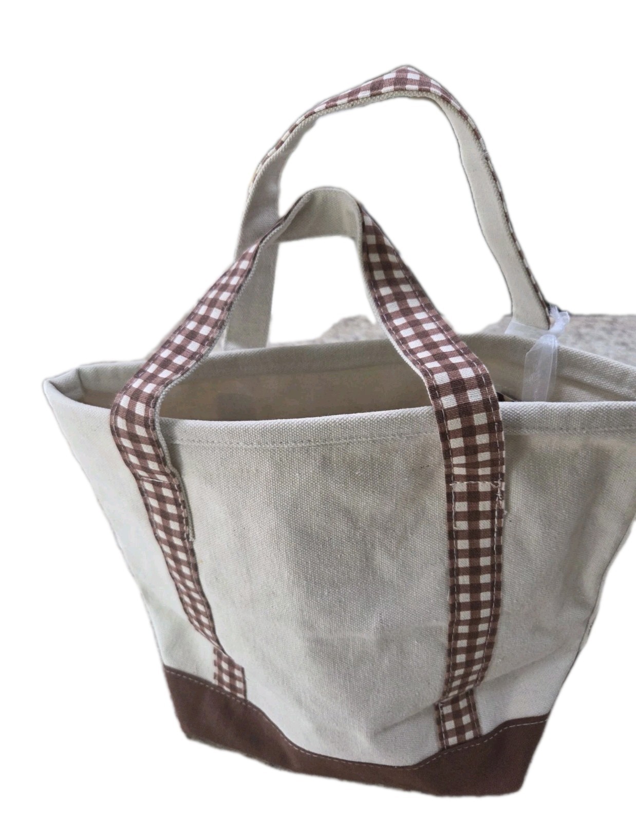 Beige/Brown Gingham with Beaded Dachshund Tote