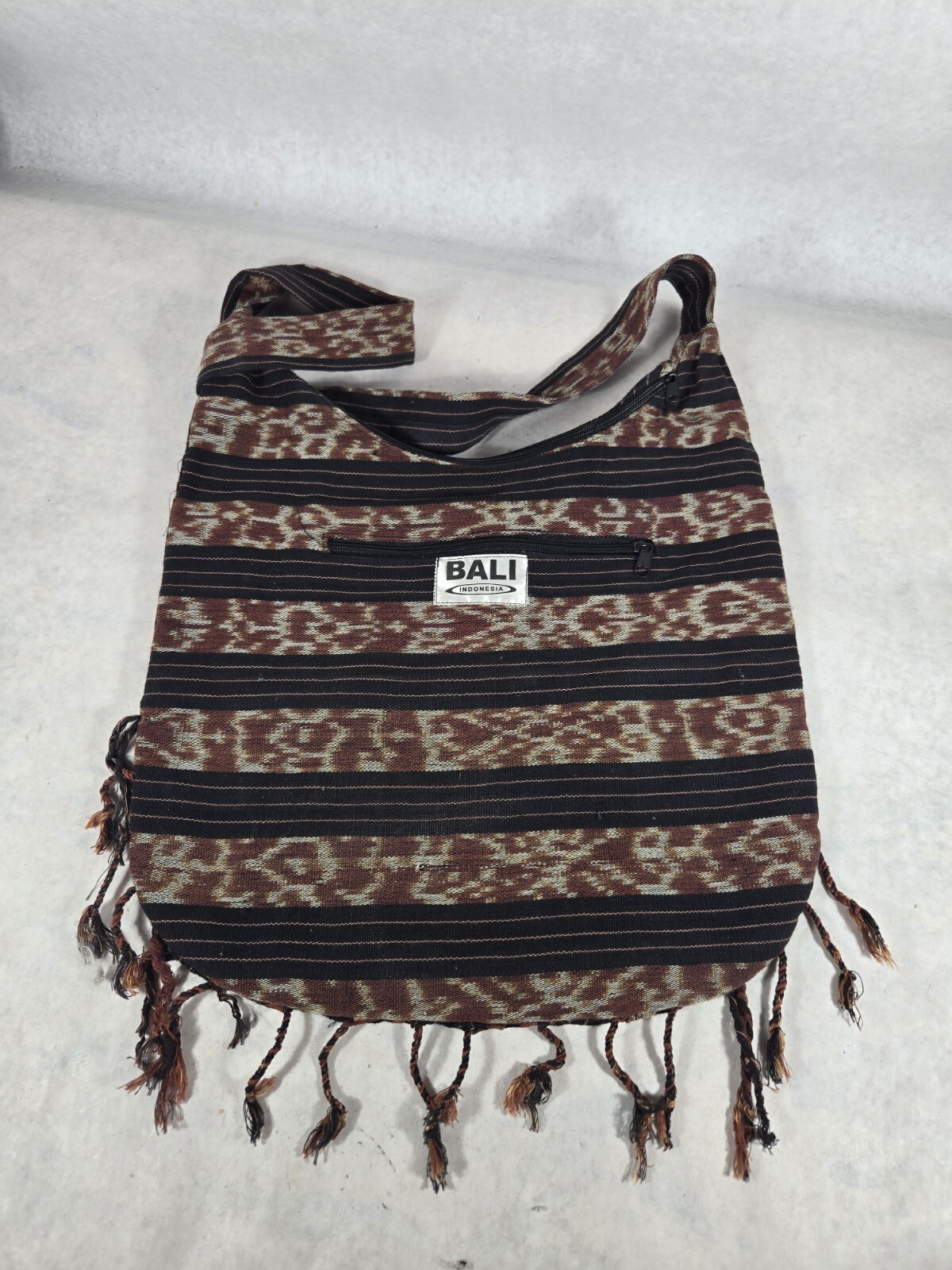 Bali Sling Bag Tote Purse Lightweight Fabric Fringe Indonesia Lined 14″×14″