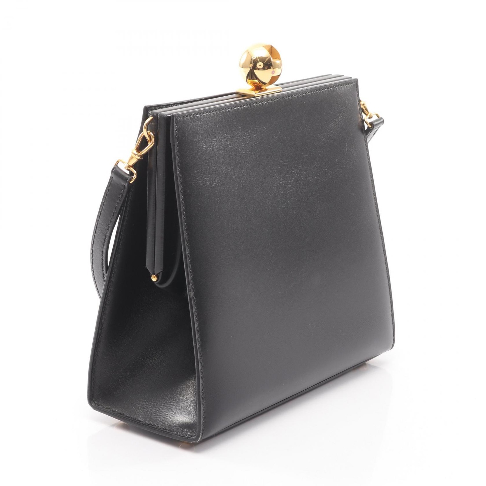 HERMES Vintage Kiss-lock Shoulder Bag Box calf leather Calfskin Black GHW Used Y