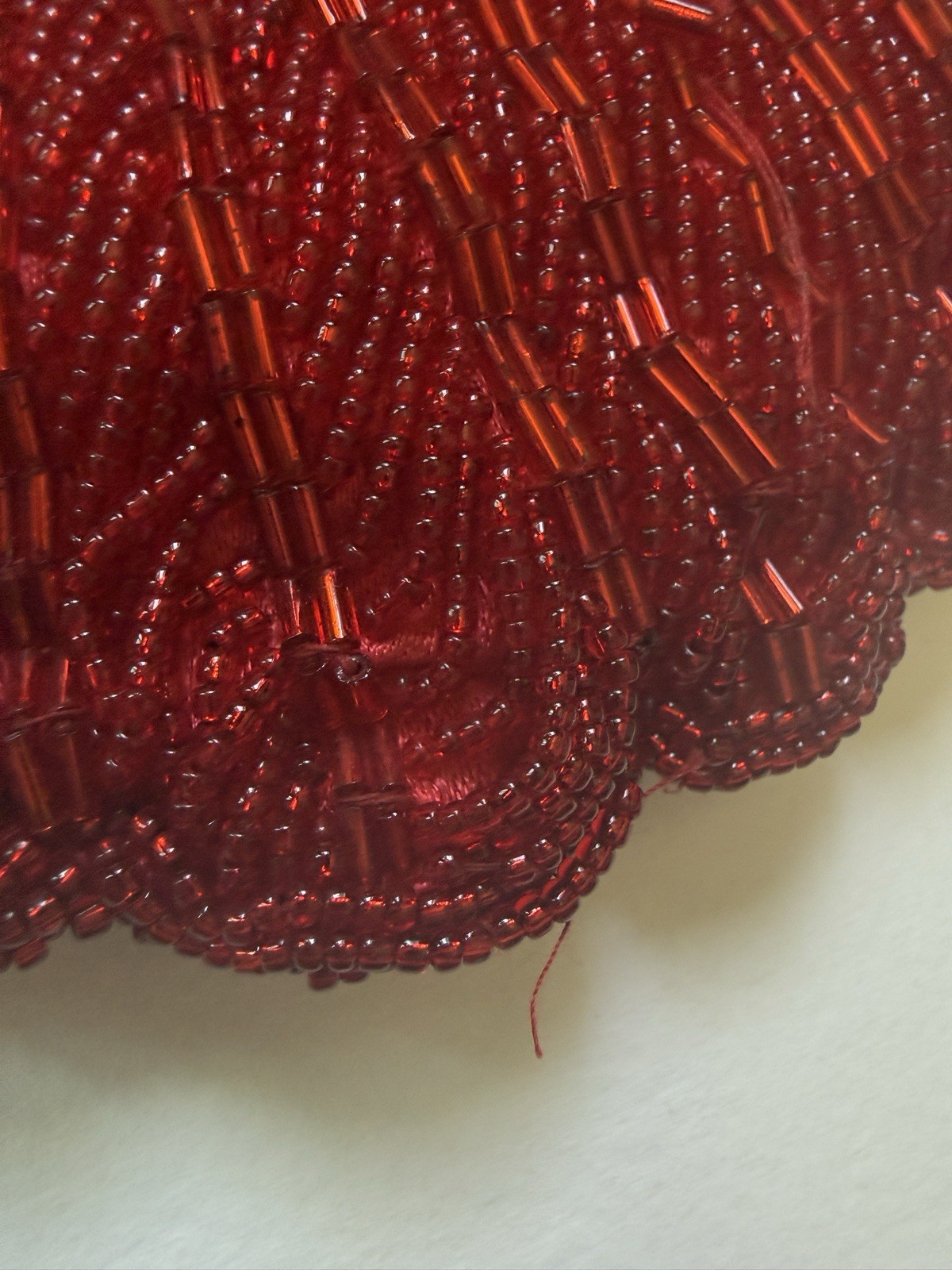 Vintage red beaded clam shell clutch