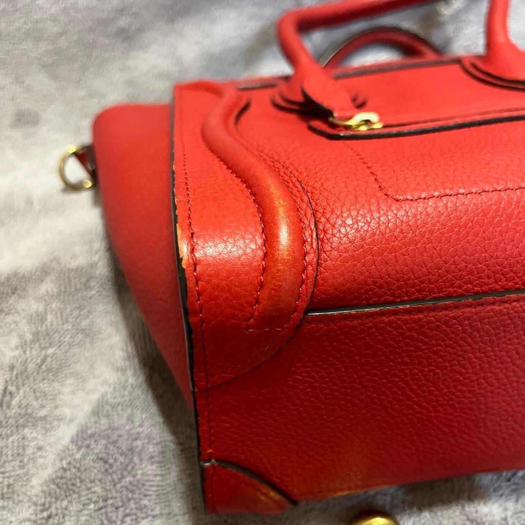 CELINE Luggage Nano Shopper Handbag Red Grained Calfskin Leather 2WAY Women’s