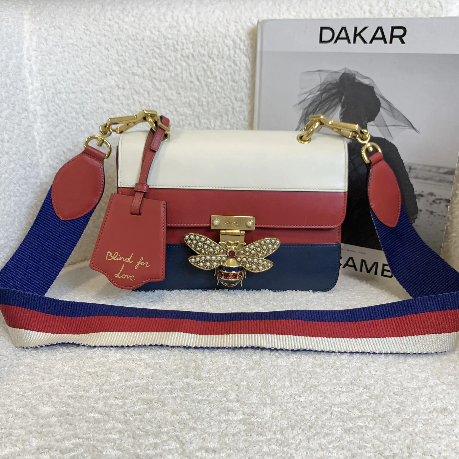 Gucci Margaret Bee Pearl Multicolor Canvas Leather Shoulder Bag