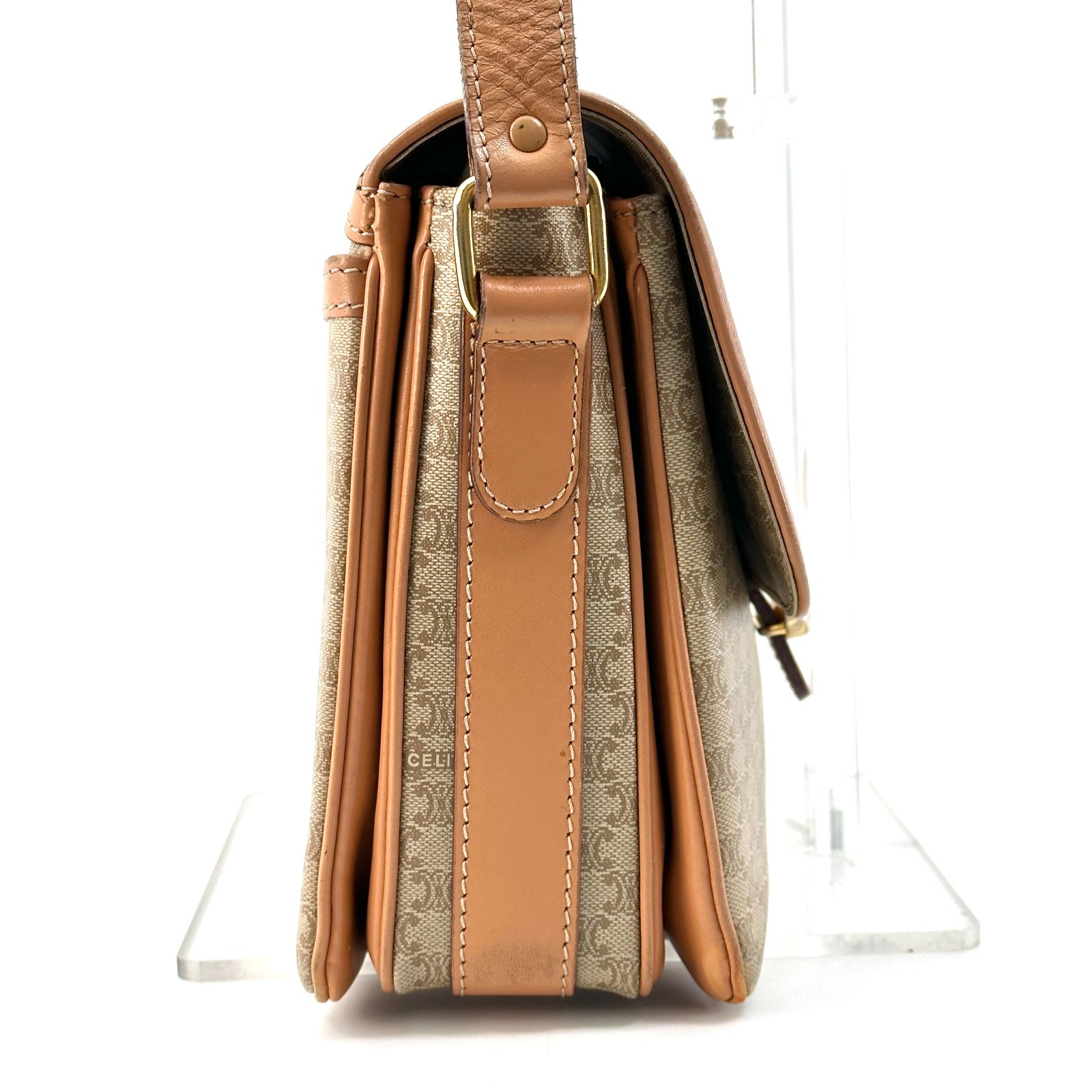 Celine Macadam Triomphe Crossbody Shoulder Bag PVC Leather Beige Brown Vintage