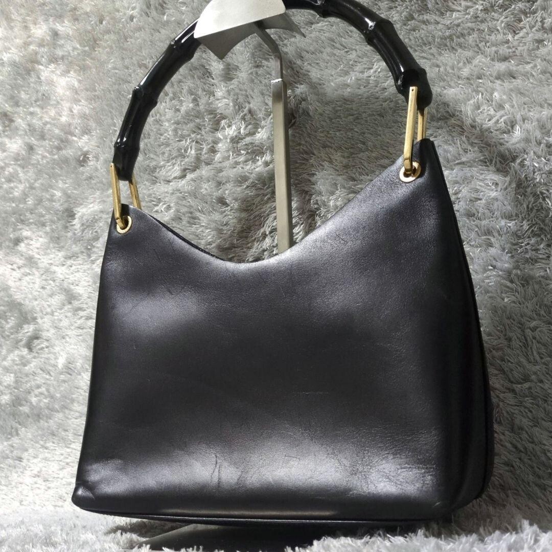 GUCCI Bamboo Leather Gold Hardware One Shoulder Bag Black with Pouch Authentic