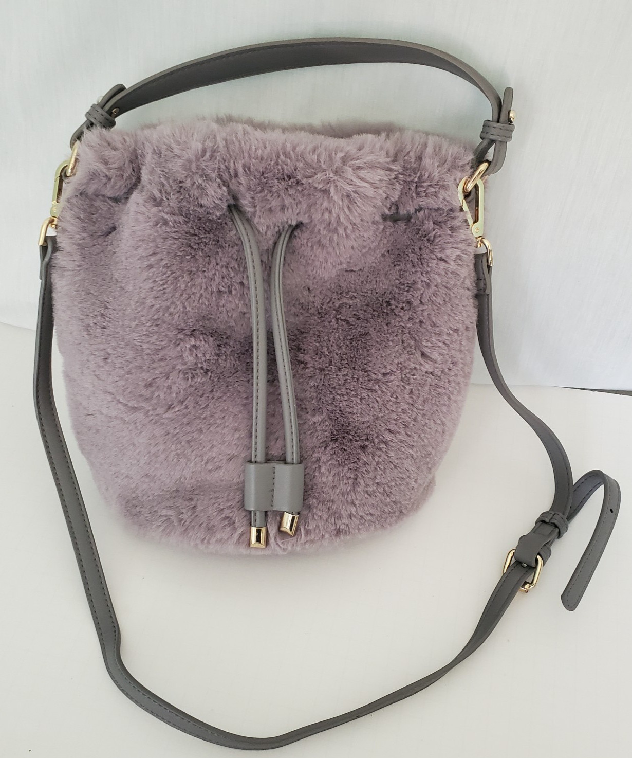 Lulus Faux Fur Plush Bucket Bag Drawstring Gray Handbag