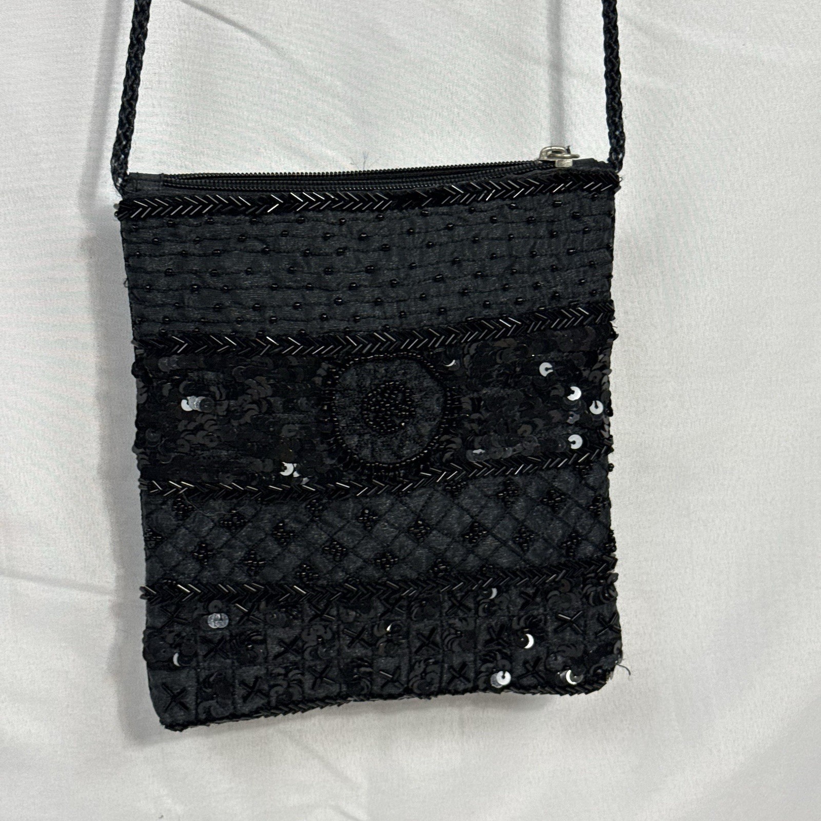 Black Beaded Cloth Purse Plastic Bead Sequin Crossbody String Shoulder Strap