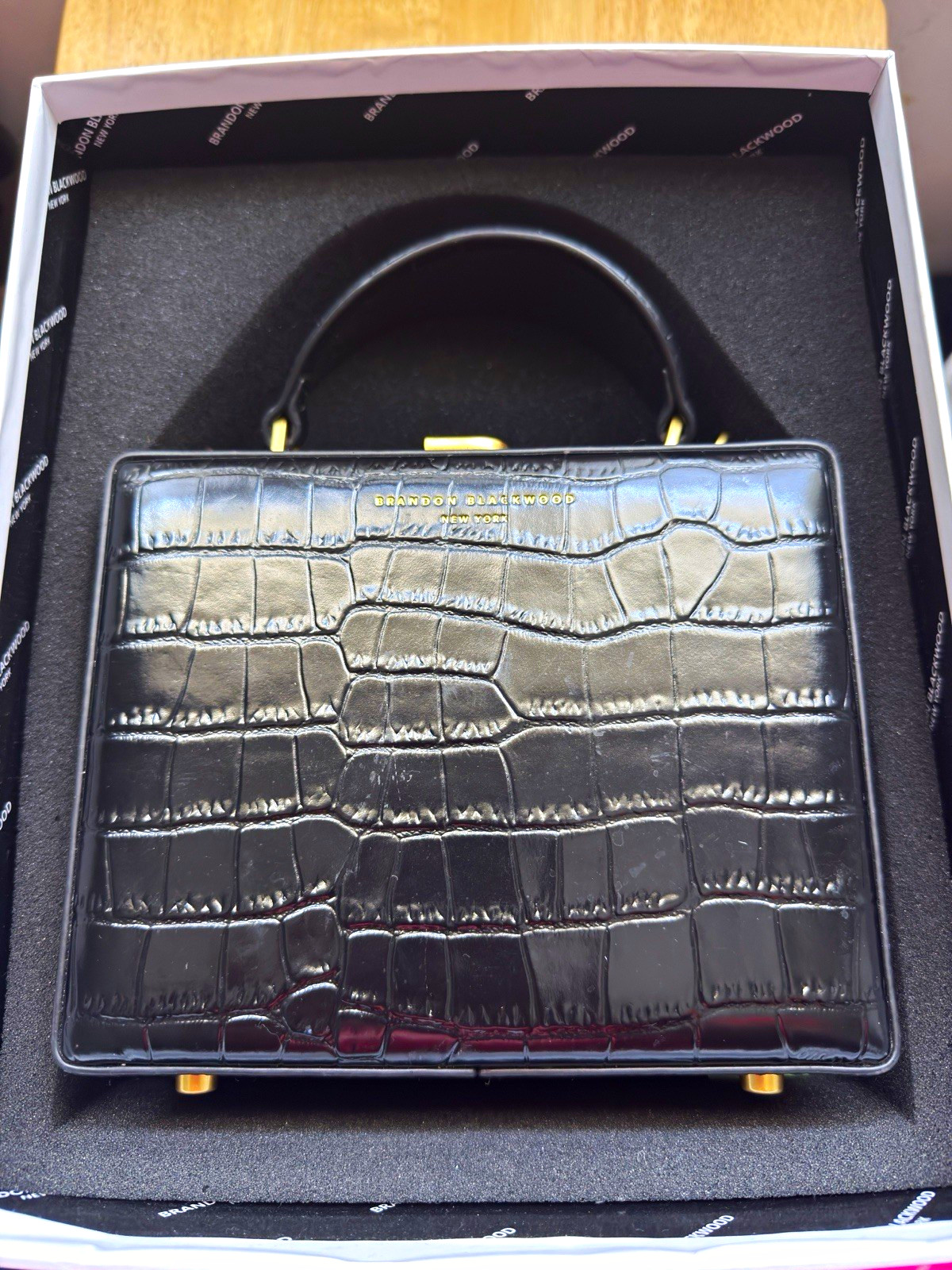 Brandon Blackwood Black Croc Print Kendrick Tote Bag Gold Hardware