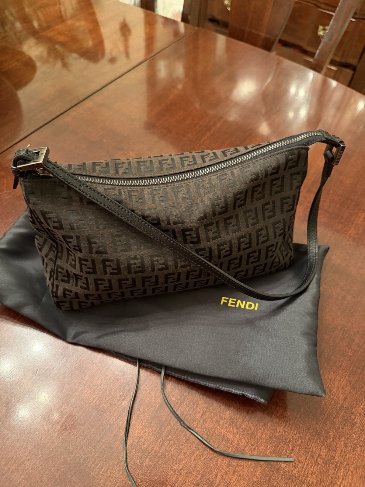 Fendi Zucca Monogram Shoulder Bag Brown/Black Zip Strap Dust Bag Pockets