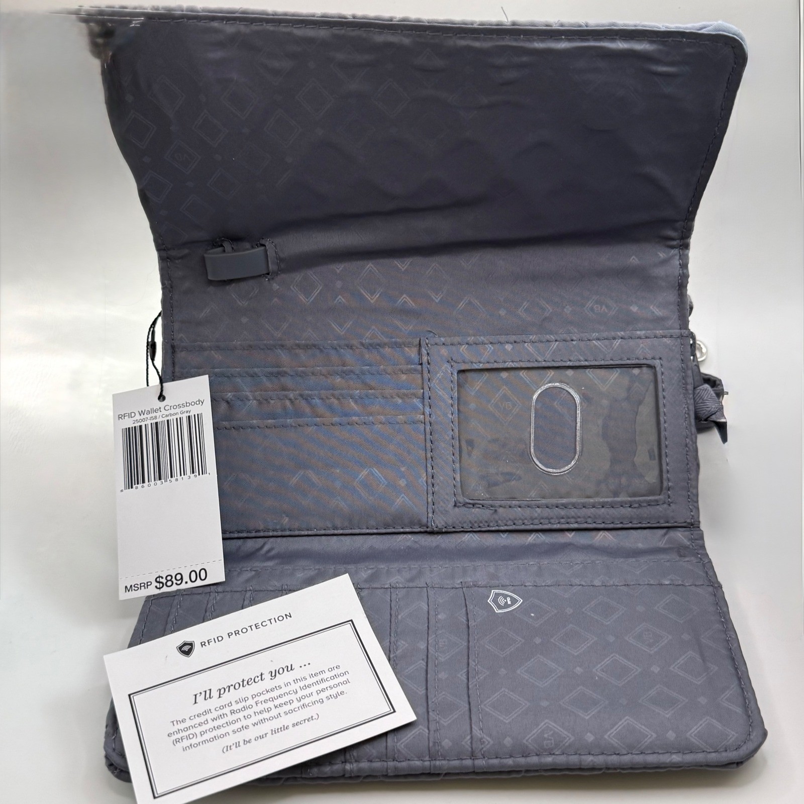 NEW NWT $89 Vera Bradley RFID Wallet Crossbody Carbon Gray Quilted Microfiber