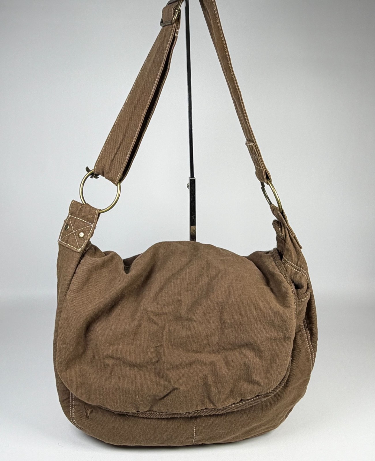 American Eagle Messenger Bag Unisex Canvas Brown Flap Closure Lined Y2K