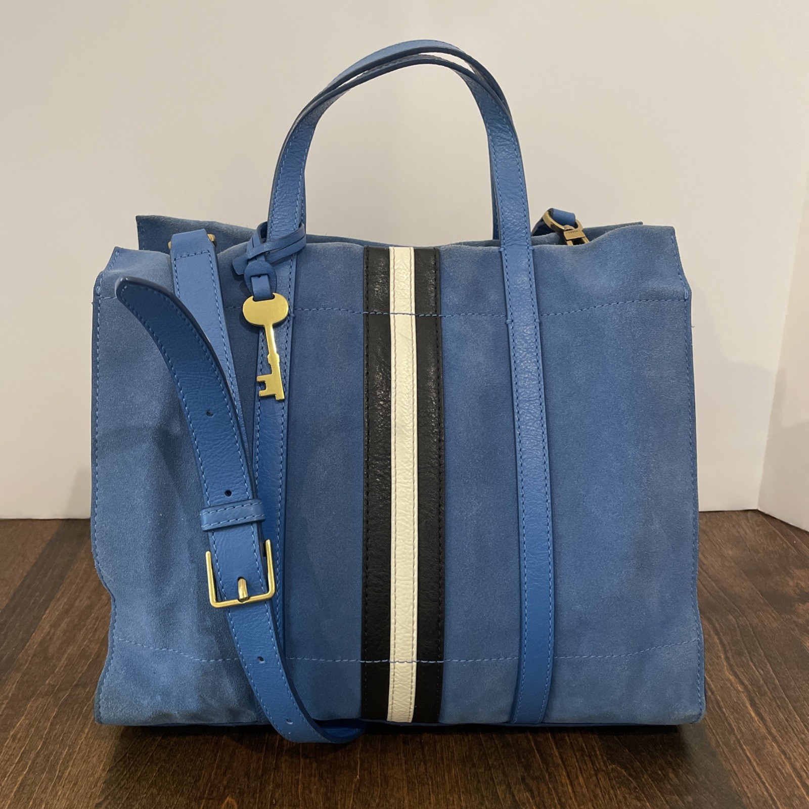 Fossil Carmen Shopper Blue Suede Leather Tote Bag
