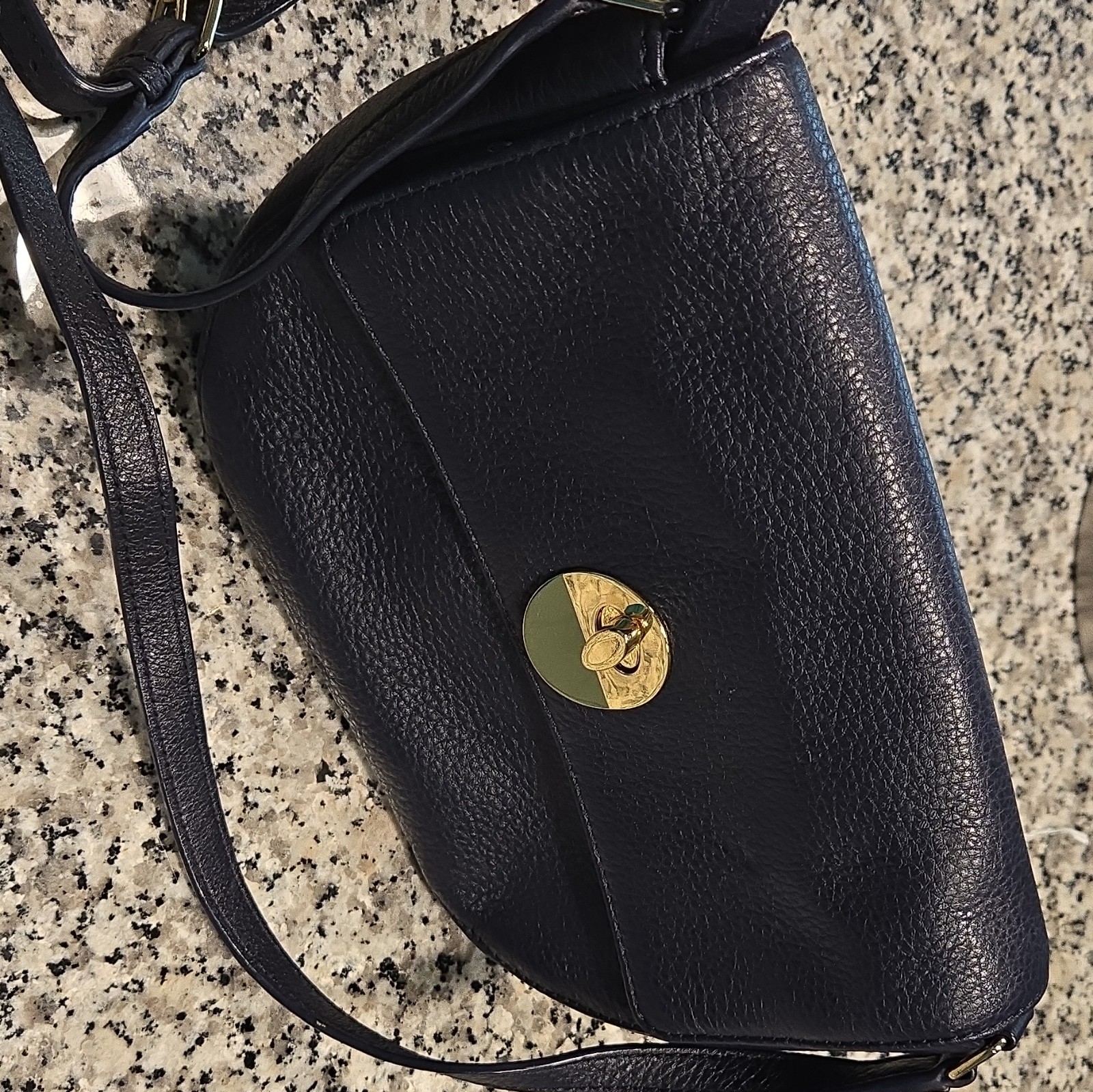 Talbots Navy Pebbled Crossbody Bag Turn Lock Zip Gold Hardware Beige Lined