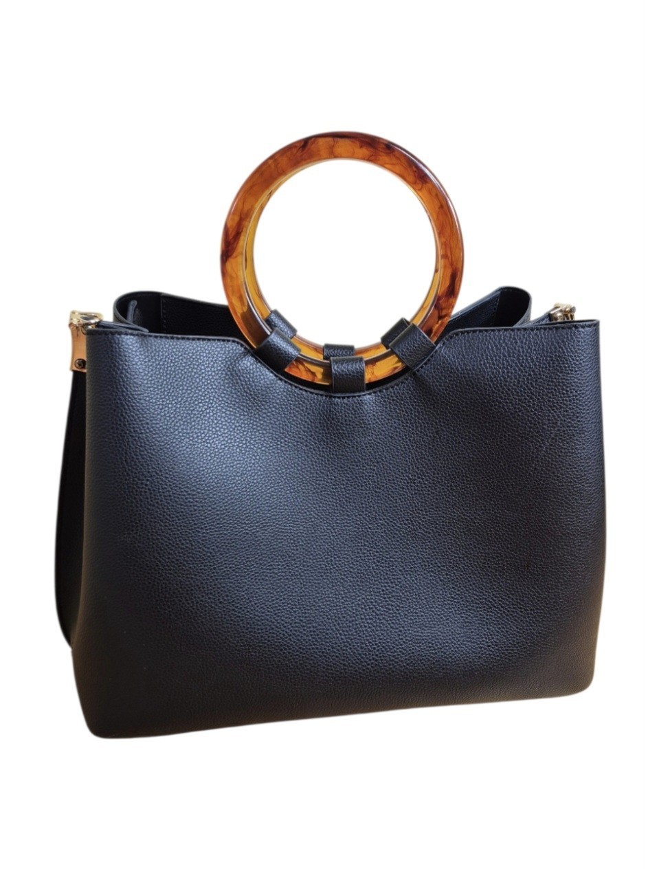 Black Solid Handheld Bag with Tortoise Shell Handles