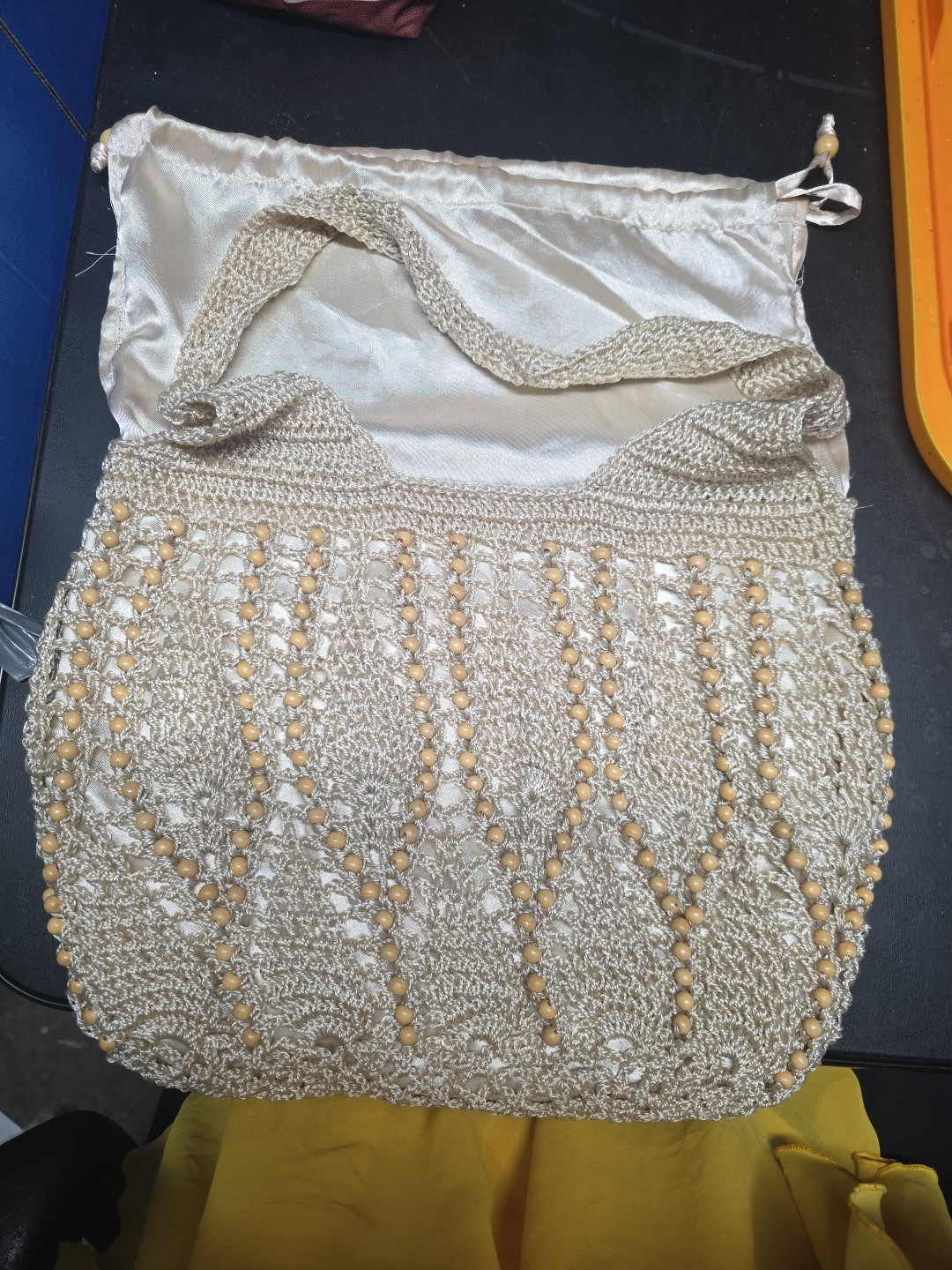 Beige Crochet Bag Purse Double Shoulder Straps Drawstring Closure Inside