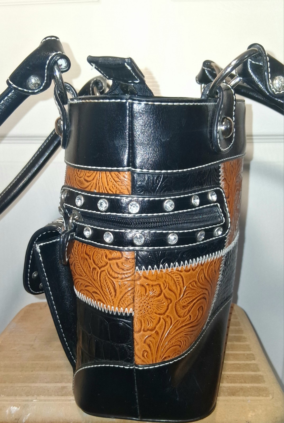 Y2K Western Patchwork Shoulder Bag Zebra Croc Textured Bling Buckle Purse Medium
